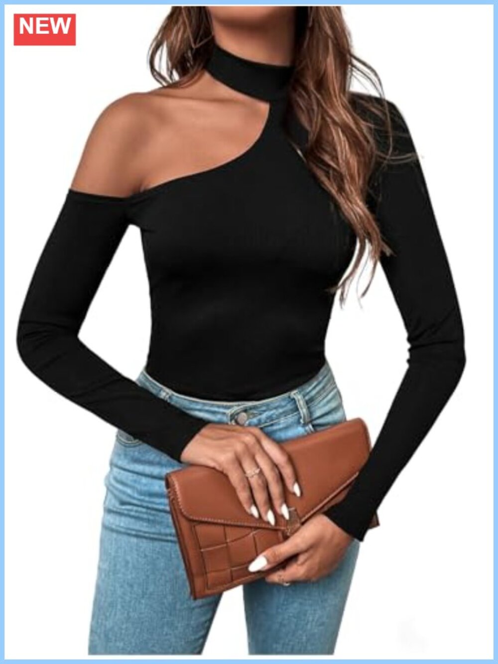Cut Out Asymmetrical Rib Knit Mock Neck Long Sleeve Tee